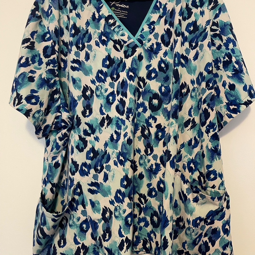 Blue Leopard Print Women's Scrubs Top